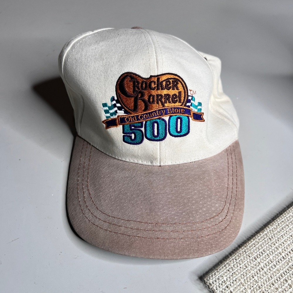 Vintage‎ NASCAR Cracker Barrel 500 Hat Cream Tan Suede Brim Leather Strap Cap